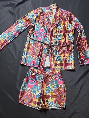 UpTown Women's Burgundy Floral Satin Short Set with Drawstring Waist